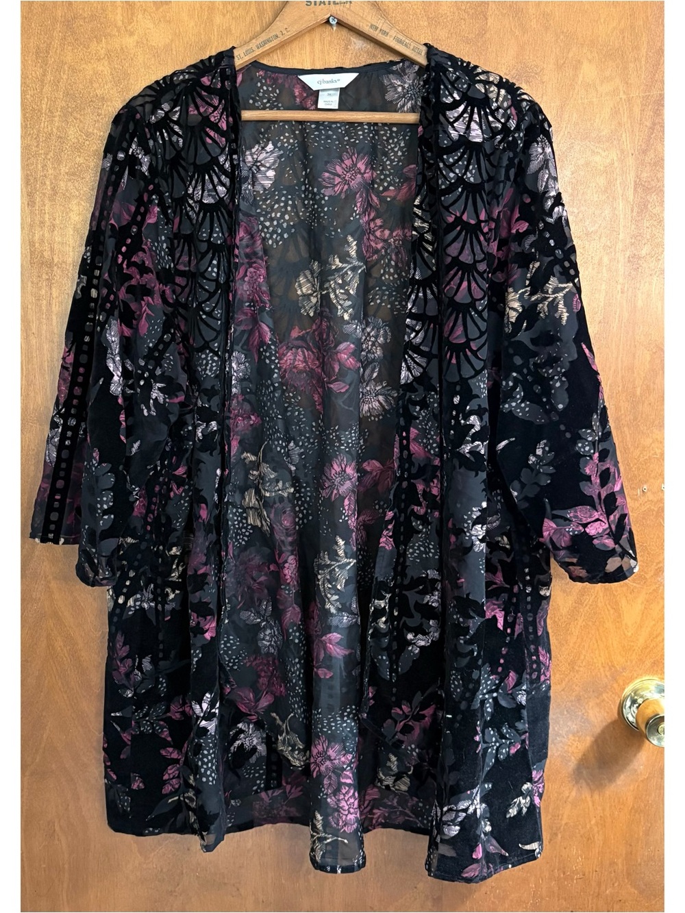 Vintage Witchy Black Purple Floral Velvet Burnout Kimono Jacket Duster Goth Y2K